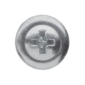 Zbliżenie srebrnej główki śruby z nacięciem krzyżowym.