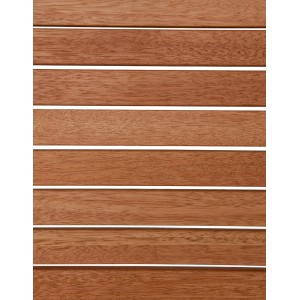 Zbliżenie drewnianych listew siedziska krzesła do sztaplowania Bonlee wykonanego z drewna eukaliptusowego z certyfikatem FSC®.