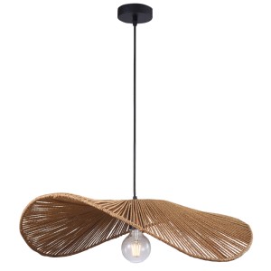 Lampa wisząca t.b.t. z brązowym abażurem ze sznura i żarówką.