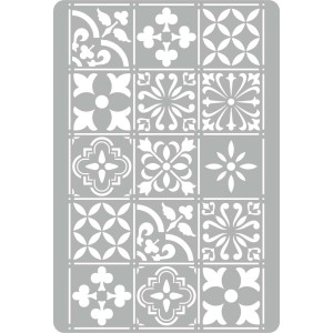 Szary szablon ścienny z różnymi wzorami kwiatowymi i geometrycznymi do dekoracji ścian.