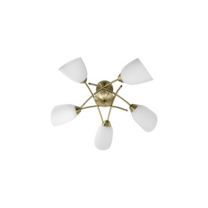 Nowoczesna lampa wisząca t.b.t. z pięcioma białymi kloszami i złotą ramą.