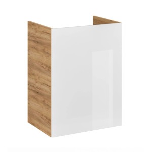 Szafka pod umywalkę t.b.t., biała/imitacja drewna, część zestawu mebli łazienkowych.