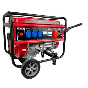 Czerwony agregat prądotwórczy t.b.t. z kołami i czarną ramą.