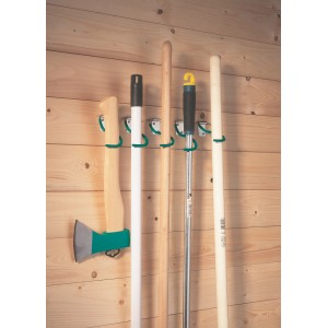 LUX Classic haki na narzędzia, 5 sztuk, z narzędziami na drewnianej ścianie. Rozwiązanie do przechowywania narzędzi ogrodowych.