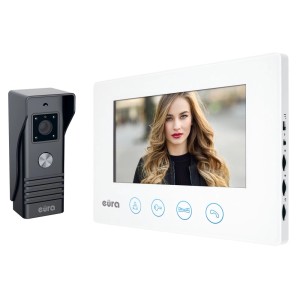 Zestaw domofonowy Eura: Antracytowa stacja zewnętrzna i biała stacja wewnętrzna z monitorem.