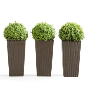 Trzy brązowe, wysokie donice z zielonymi roślinami, idealne do ogrodu lub na taras.