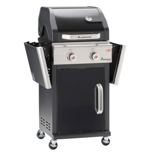 Czarny grill gazowy Landmann Triton PTS 2.0 z 2 palnikami i półkami bocznymi.
