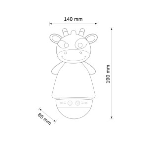 Ilustracja lampy stołowej t.b.t. w kształcie żyrafy z wymiarami.