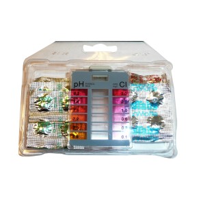 t.b.t. do regulacji pH w basenie, ze skalą barwną i tabletkami testowymi.