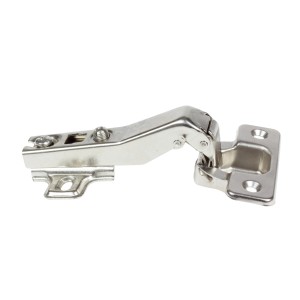 Srebrny zawias meblowy z metalu.