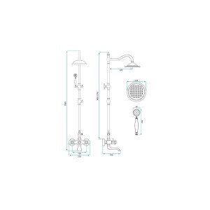 Rysunek techniczny kolumny prysznicowej z wymiarami. Idealny do planowania łazienki.