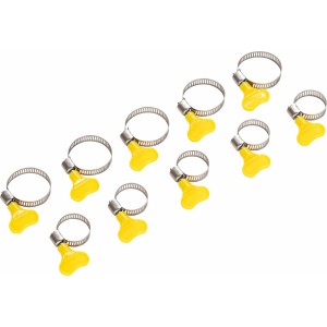 Zestaw 10 opasek zaciskowych do węży z żółtymi nakrętkami motylkowymi do łatwego mocowania węża.