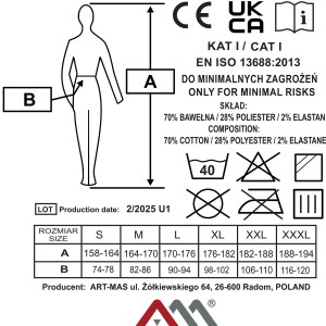 Infografika odzieży roboczej: tabela rozmiarów, skład materiału i instrukcje dotyczące pielęgnacji.