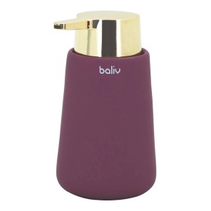 Fioletowy dozownik do mydła ze złotą główką, część zestawu akcesoriów łazienkowych.