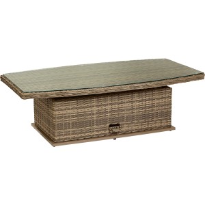 Stolik kawowy Yorktown z rattanu syntetycznego z regulacją wysokości i szklanym blatem do ogrodu.