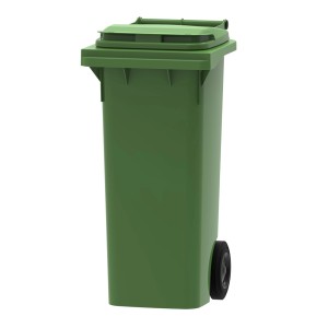 Zielony pojemnik na odpady z pokrywą i kołami.