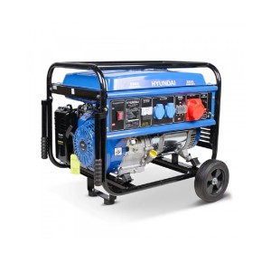 Niebieski agregat prądotwórczy t.b.t. z czarną ramą i kołami.