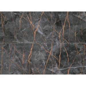 Płytka dekoracyjna imitująca marmur, szara ze złotymi akcentami.