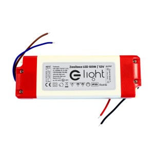 Transformator LED, 60W, 12V, do taśm LED. Zasilacz z czerwoną i białą obudową.
