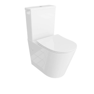 Białe, kompaktowe WC t.b.t. ze spłuczką, widok z przodu.