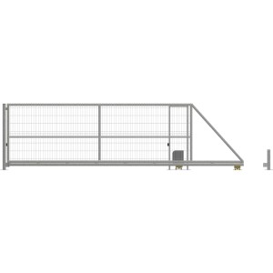 Szara brama przesuwna z siatką drucianą do paneli ogrodzeniowych.