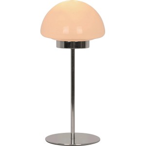 Lampa stołowa w kształcie grzyba z chromowaną podstawą, do nastrojowego oświetlenia.