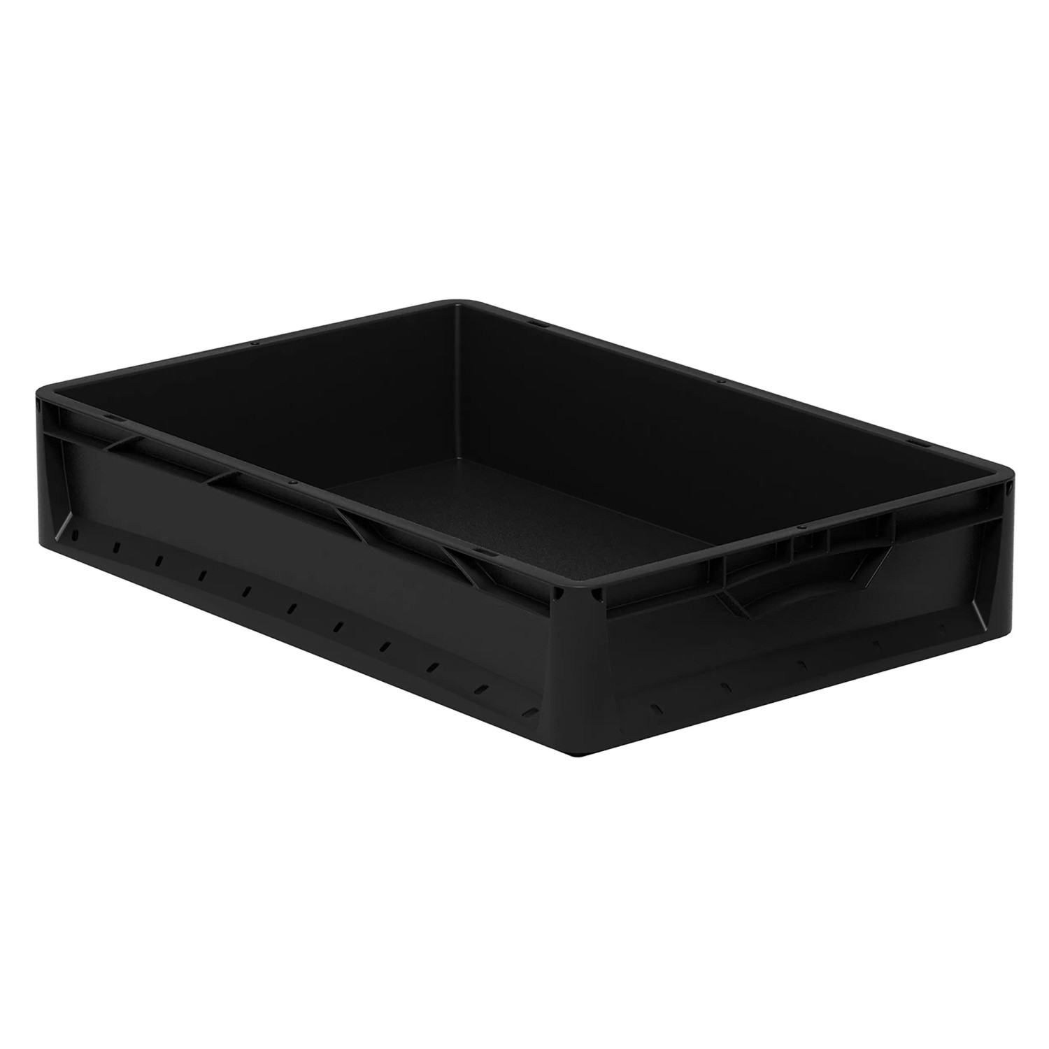 Czarny Eurobox 60x40x12 cm, pełna ściana, z systemu Eurobox do przechowywania.