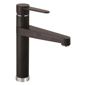 Czarna bateria kuchenna baliv KI-1210, jednouchwytowa z wysoką, obrotową wylewką.