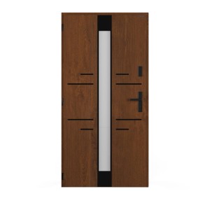 Nowoczesne drzwi zewnętrzne w kolorze drewna z szybą i czarnymi akcentami.