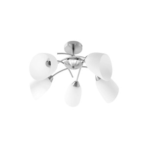 Nowoczesna lampa sufitowa z pięcioma białymi szklanymi kloszami i srebrną ramą.