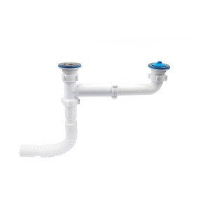 Biały syfon do zlewu z dwoma przyłączami do zlewu dwukomorowego.