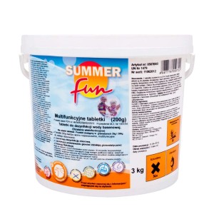 Wiadro z tabletkami multifunkcyjnymi Summer Fun (200g) do dezynfekcji wody basenowej.