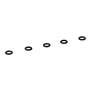 Pięć czarnych o-ringów t.b.t., pierścienie uszczelniające na białym tle.