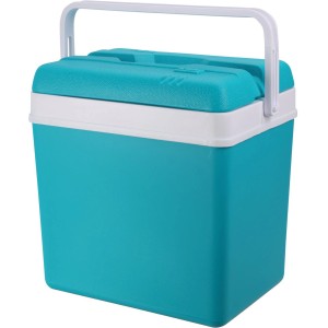 Turkusowo-biały pojemnik termoizolacyjny t.b.t. na kemping.