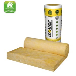 Rolka i płyta z żółtej wełny mineralnej.