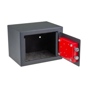 Otwarty, szary sejf z czerwonym mechanizmem blokującym. Idealny do bezpiecznego przechowywania.