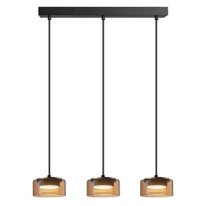 Nowoczesna lampa wisząca z trzema brązowymi szklanymi kloszami, idealna jako lampa wisząca.