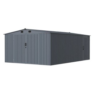 Szara metalowa wiata garażowa podwójna z dwojgiem drzwi i drzwiami bocznymi.