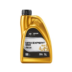 Złota butelka 1L oleju silnikowego Orlen Max Expert 5W-30.