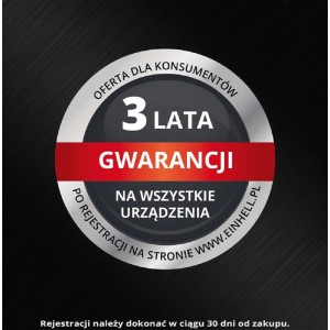 Naklejka Einhell z 3-letnią gwarancją na wszystkie urządzenia po rejestracji online.