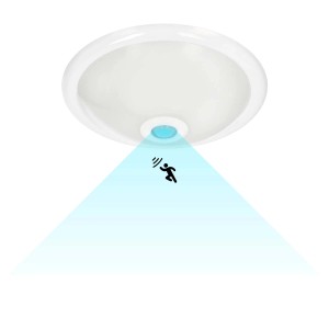 Biała lampa sufitowa t.b.t. z czujnikiem ruchu do użytku wewnętrznego.