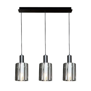 Trzypunktowa lampa wisząca z szarymi szklanymi kloszami do stylowego oświetlenia.