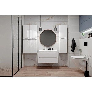 Nowoczesny, biały zestaw mebli łazienkowych t.b.t z szafką lustrzaną i szafką pod umywalkę.