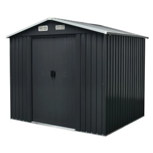 Antracytowy metalowy domek narzędziowy z podwójnymi drzwiami i dachem dwuspadowym.
