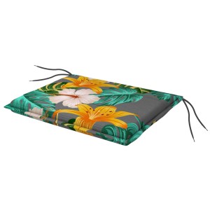 Poduszka ogrodowa t.b.t. z tropikalnym wzorem kwiatowym na szarym tle.