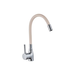 Bateria jednouchwytowa t.b.t. z elastyczną wylewką w kolorze beżowym i chromowanym.