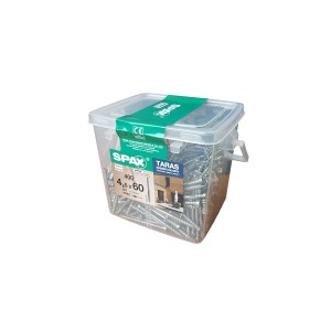 Wkręty tarasowe SPAX 4,5x60 w przezroczystym pojemniku.