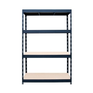 Pusty, niebieski regał t.b.t. z czterema poziomami i jasnymi półkami.