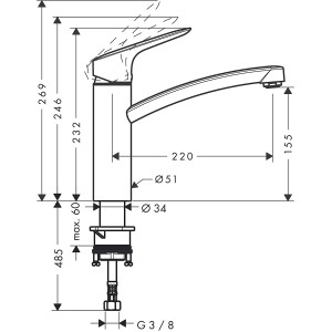 Rysunek techniczny: Bateria kuchenna Hansgrohe MySport M, chrom, z wymiarami i zakresem obrotu.