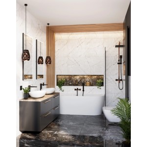 Nowoczesna łazienka z ciemnymi płytkami podłogowymi i białymi płytkami ściennymi.